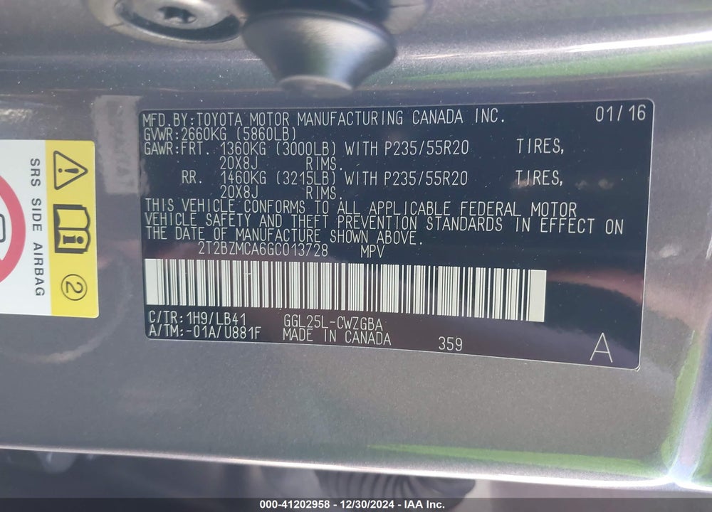 2016 LEXUS RX 350 VIN: 2T2BZMCA6GC013728