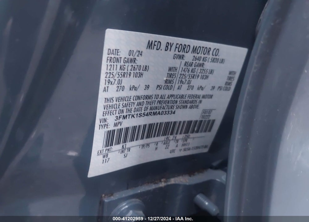 2024 FORD MUSTANG MACH-E SELECT VIN: 3FMTK1S54RMA03334