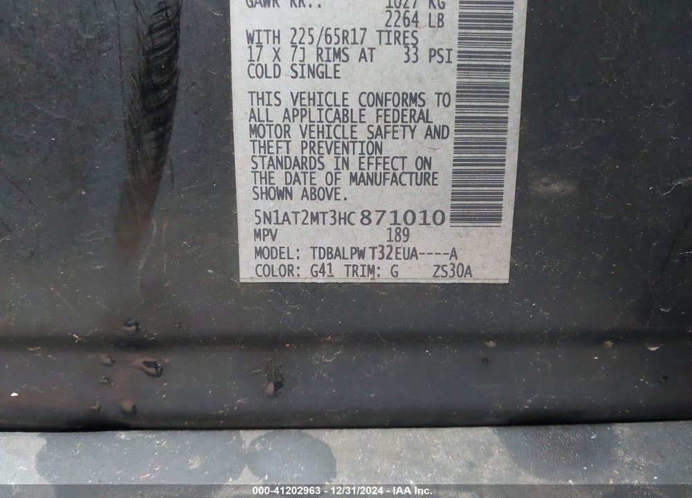 2017 NISSAN ROGUE S VIN: 5N1AT2MT3HC871010