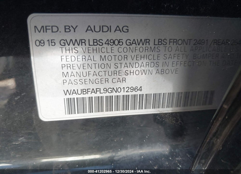 2016 AUDI A4 2.0T PREMIUM VIN: WAUBFAFL9GN012964