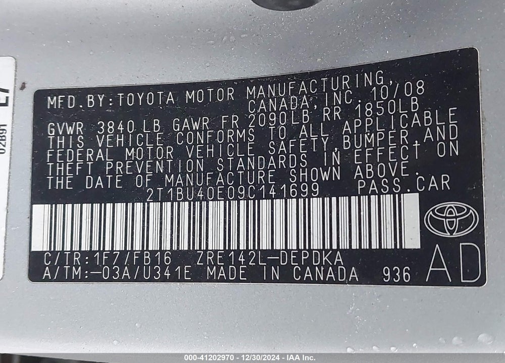 2009 TOYOTA COROLLA LE VIN: 2T1BU40E09C141699