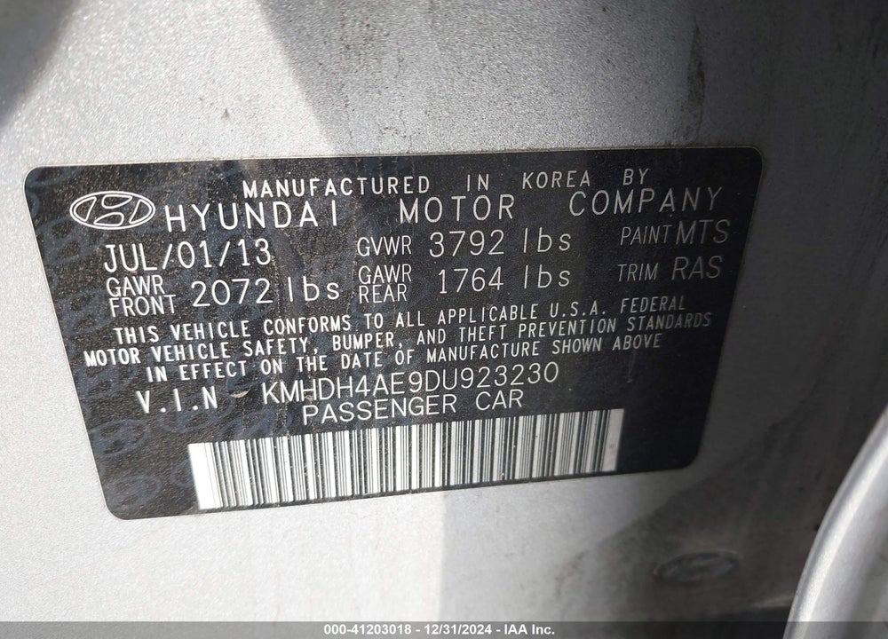 2013 HYUNDAI ELANTRA GLS VIN: KMHDH4AE9DU923230