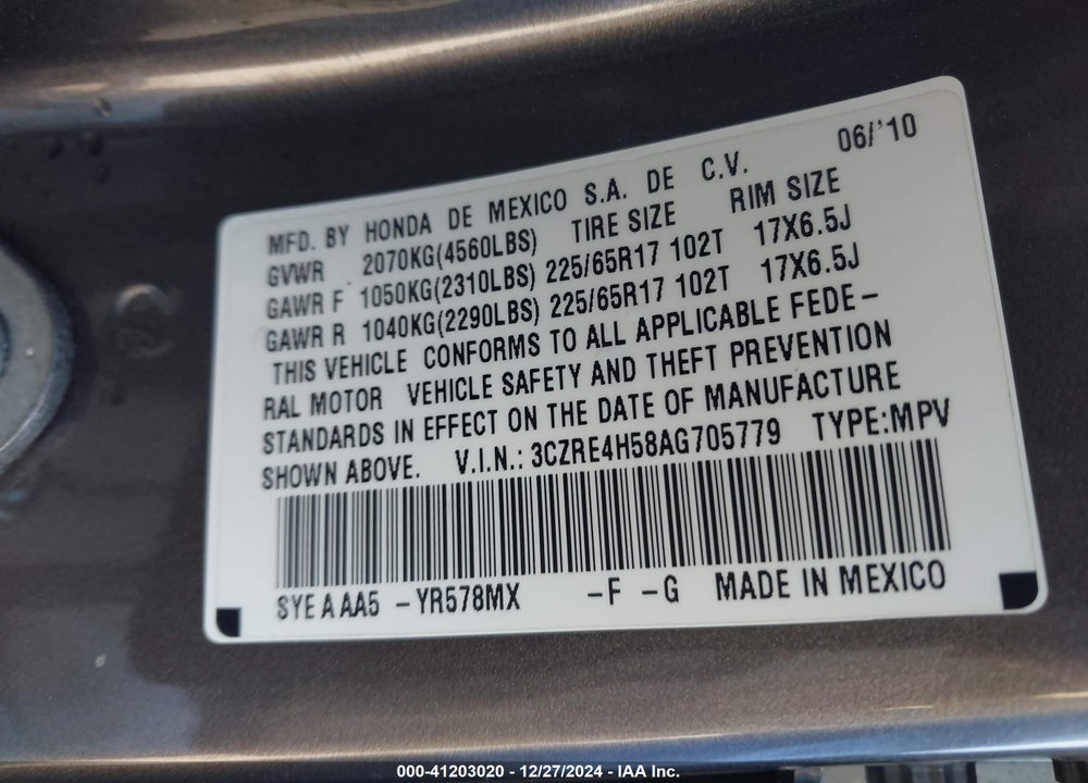 2010 HONDA CR-V VIN: 3CZRE4H58AG705779