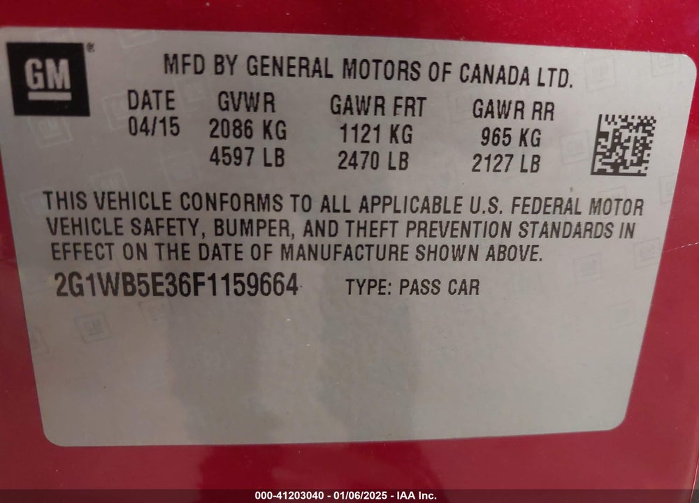 2015 CHEVROLET IMPALA LIM VIN: 2G1WB5E36F1159664