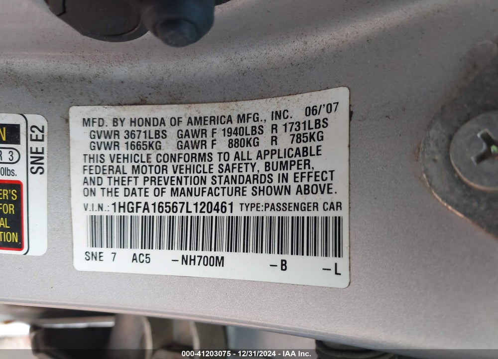 2007 HONDA CIVIC LX VIN: 1HGFA16567L120461