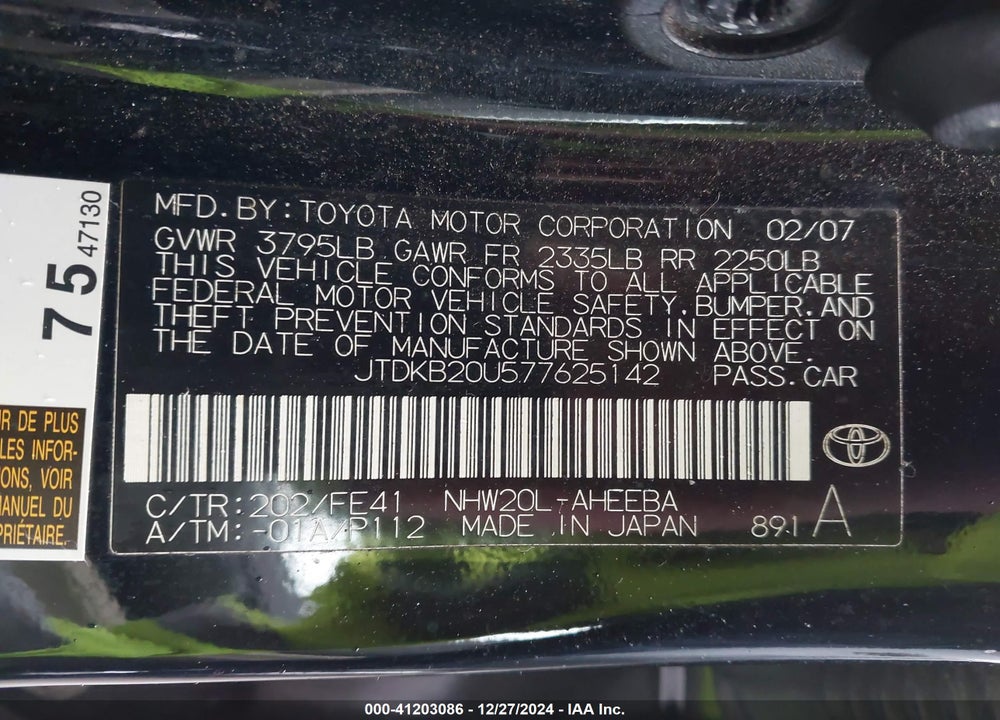 2007 TOYOTA PRIUS VIN: JTDKB20U577625142