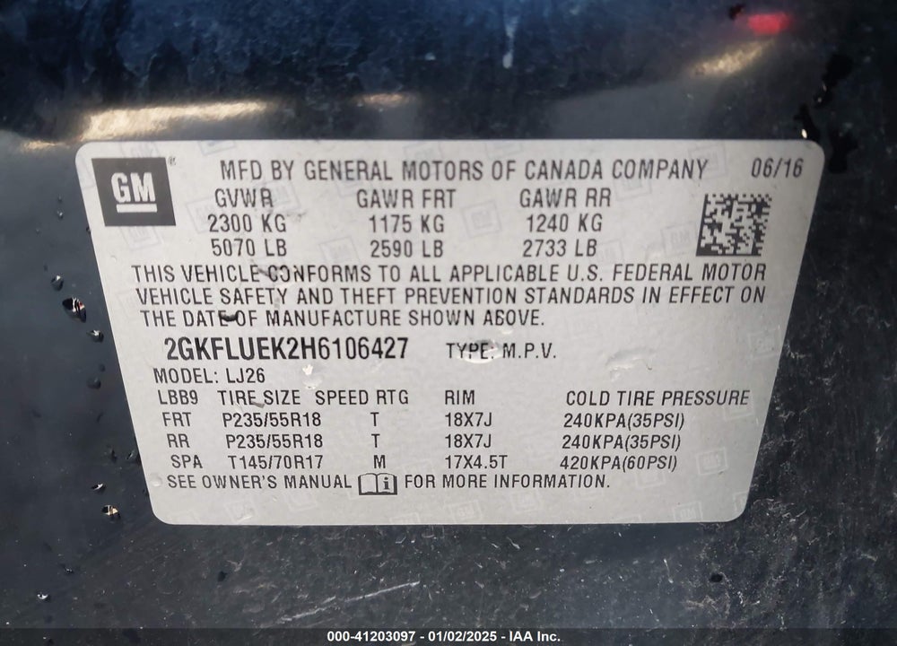 2017 GMC TERRAIN SLT VIN: 2GKFLUEK2H6106427