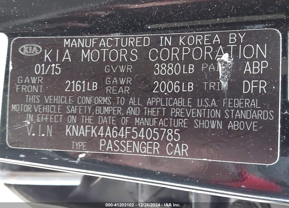 2015 KIA FORTE VIN: KNAFK4A64F5405785