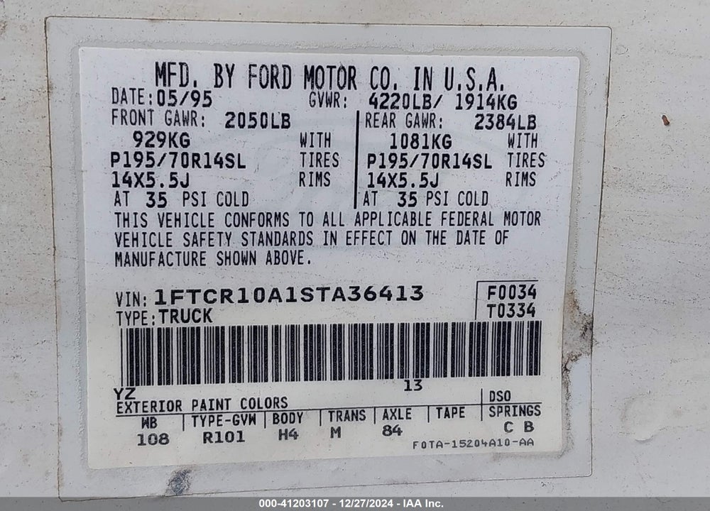 1995 FORD RANGER VIN: 1FTCR10A1STA36413