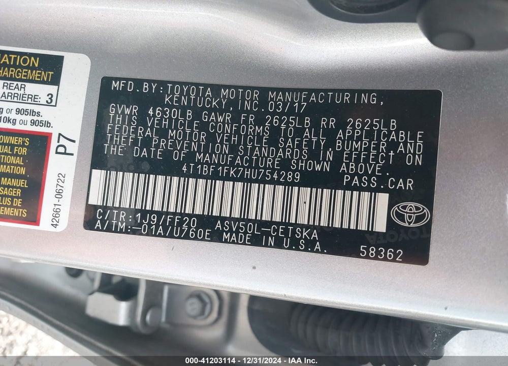 2017 TOYOTA CAMRY VIN: 4T1BF1FK7HU754289