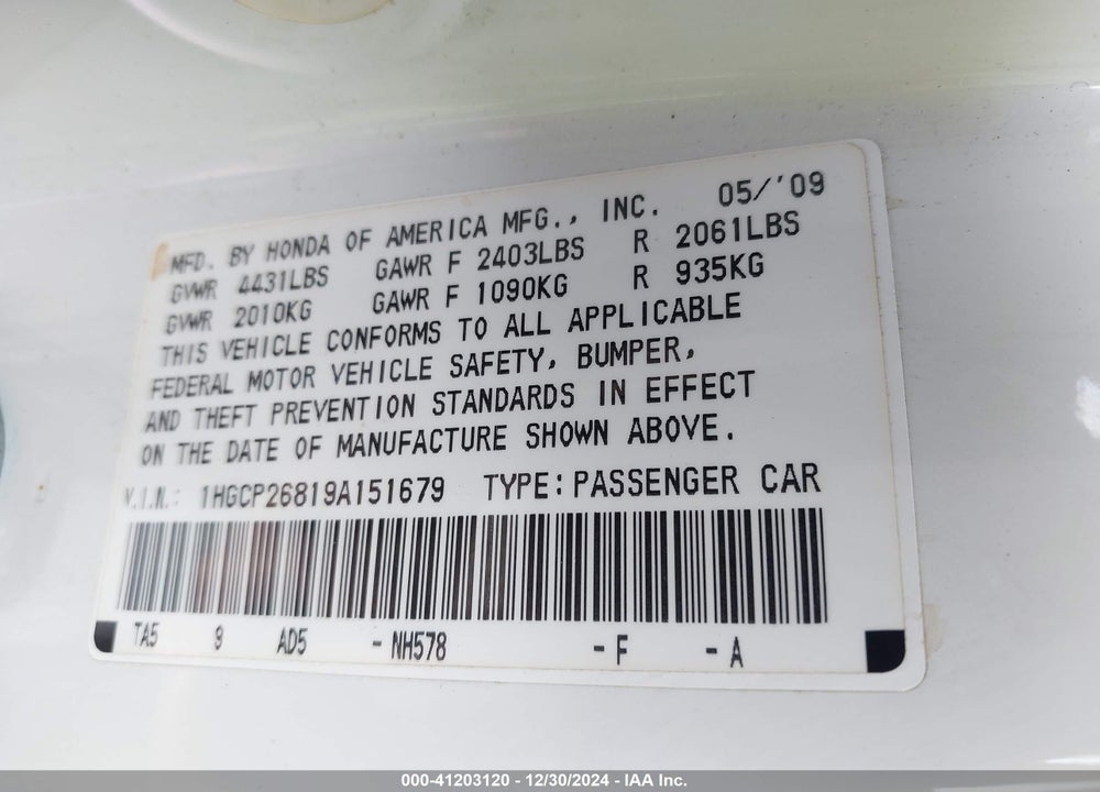 2009 HONDA ACCORD 2.4 EX-L VIN: 1HGCP26819A151679