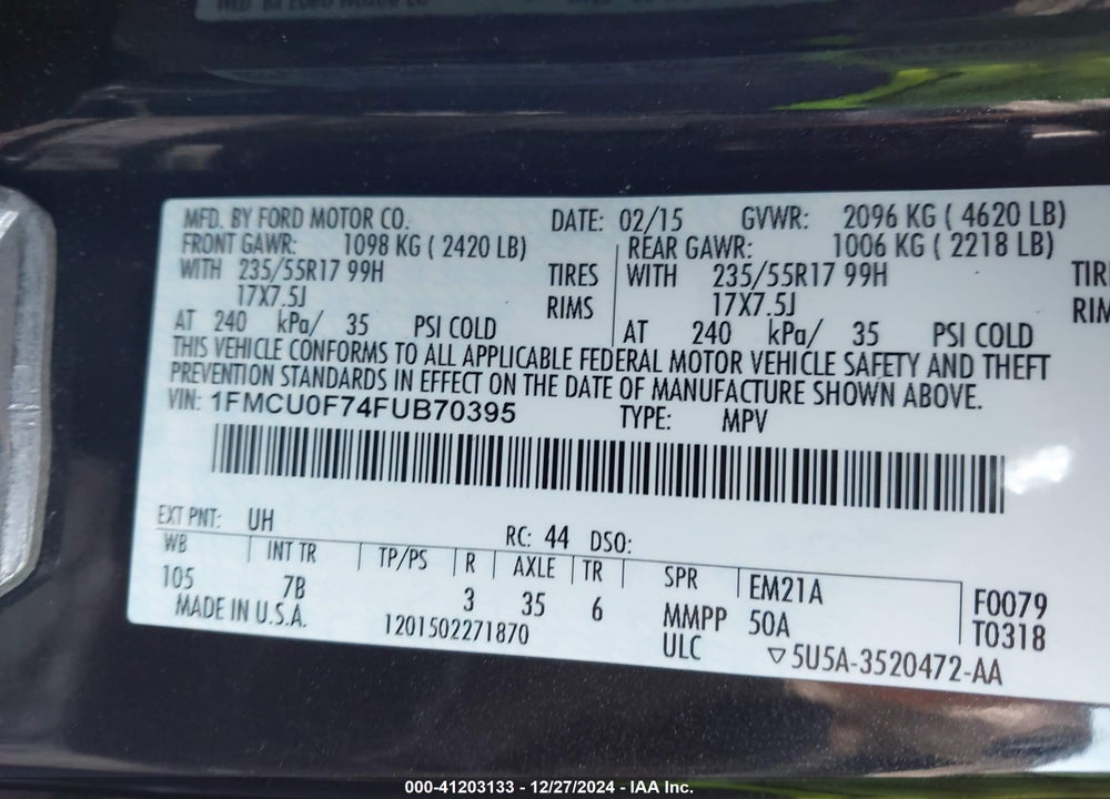 2015 FORD ESCAPE S VIN: 1FMCU0F74FUB70395