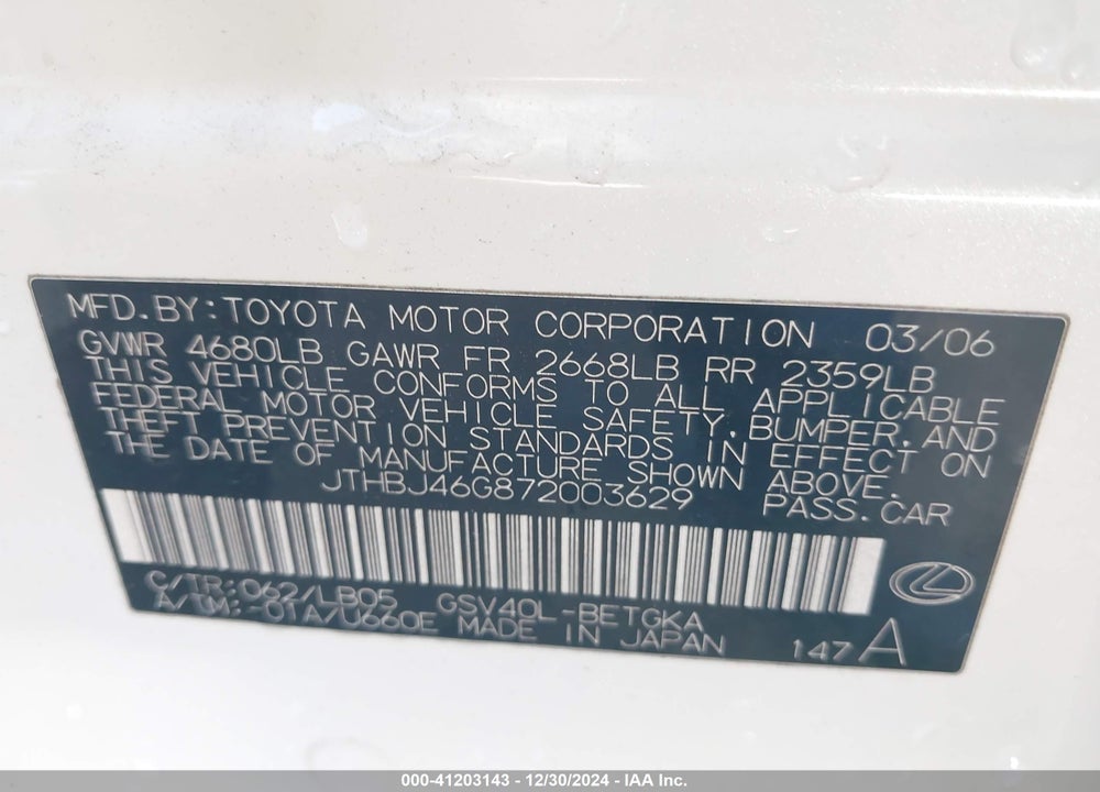 2007 LEXUS ES 350 VIN: JTHBJ46G872003629