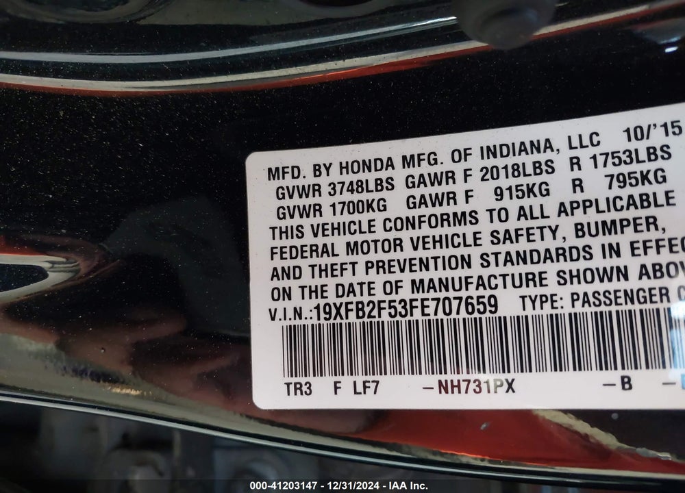 2015 HONDA CIVIC LX VIN: 19XFB2F53FE707659
