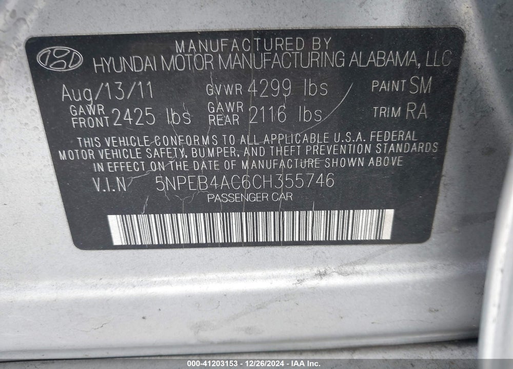 2012 HYUNDAI SONATA GLS VIN: 5NPEB4AC6CH355746