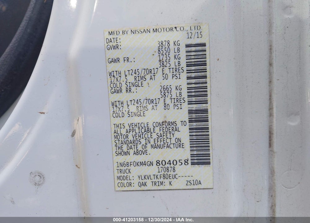2016 NISSAN NV CARGO NV1500 VIN: 1N6BF0KM4GN804058