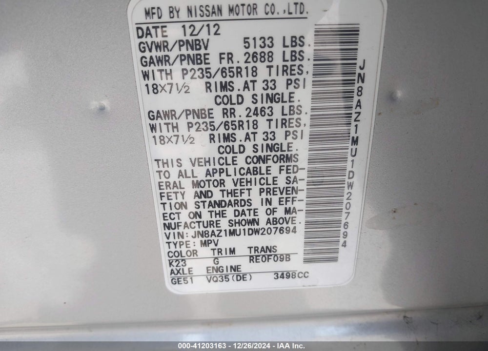 2013 NISSAN MURANO SV VIN: JN8AZ1MU1DW207694