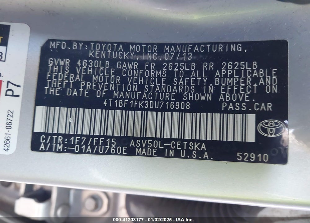 2013 TOYOTA CAMRY SE VIN: 4T1BF1FK3DU716908