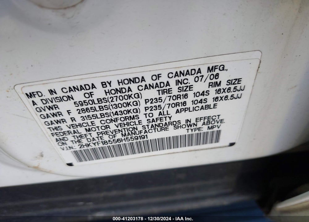 2006 HONDA PILOT EX-L VIN: 2HKYF18556H559191