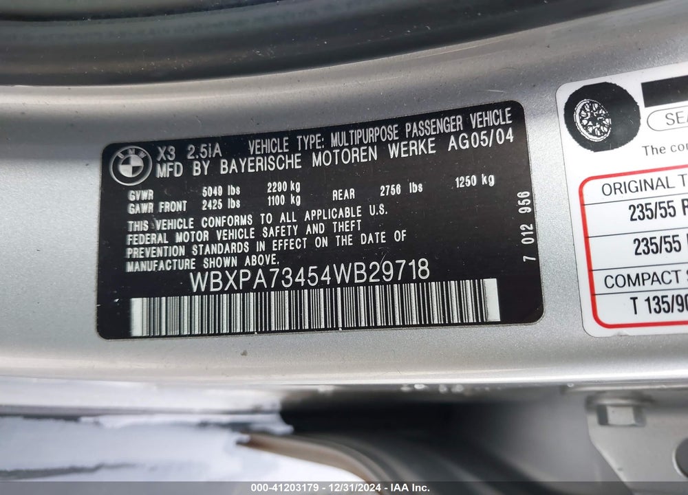 2004 BMW X3 2.5I VIN: WBXPA73454WB29718