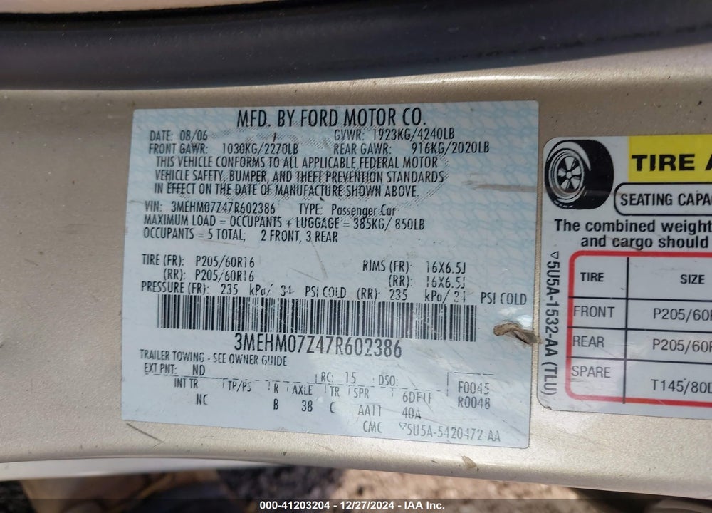 2007 MERCURY MILAN I4 VIN: 3MEHM07Z47R602386