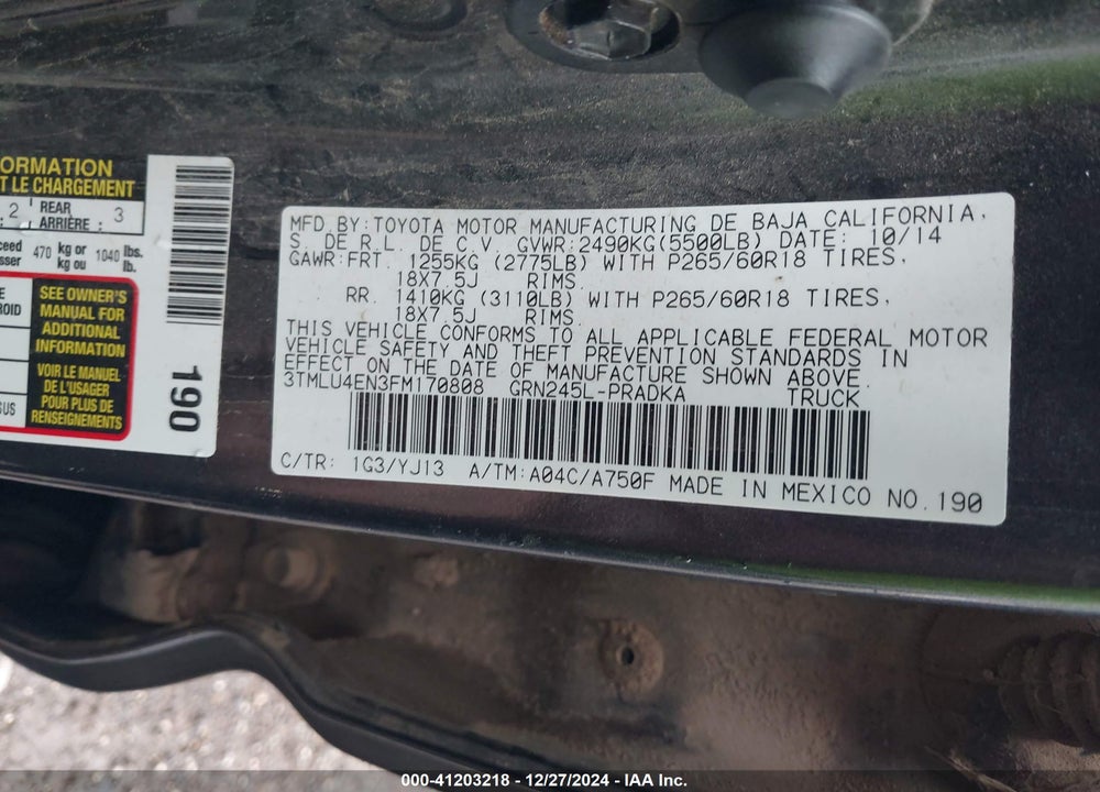 2015 TOYOTA TACOMA DOUBLE CAB/TRD PRO VIN: 3TMLU4EN3FM170808