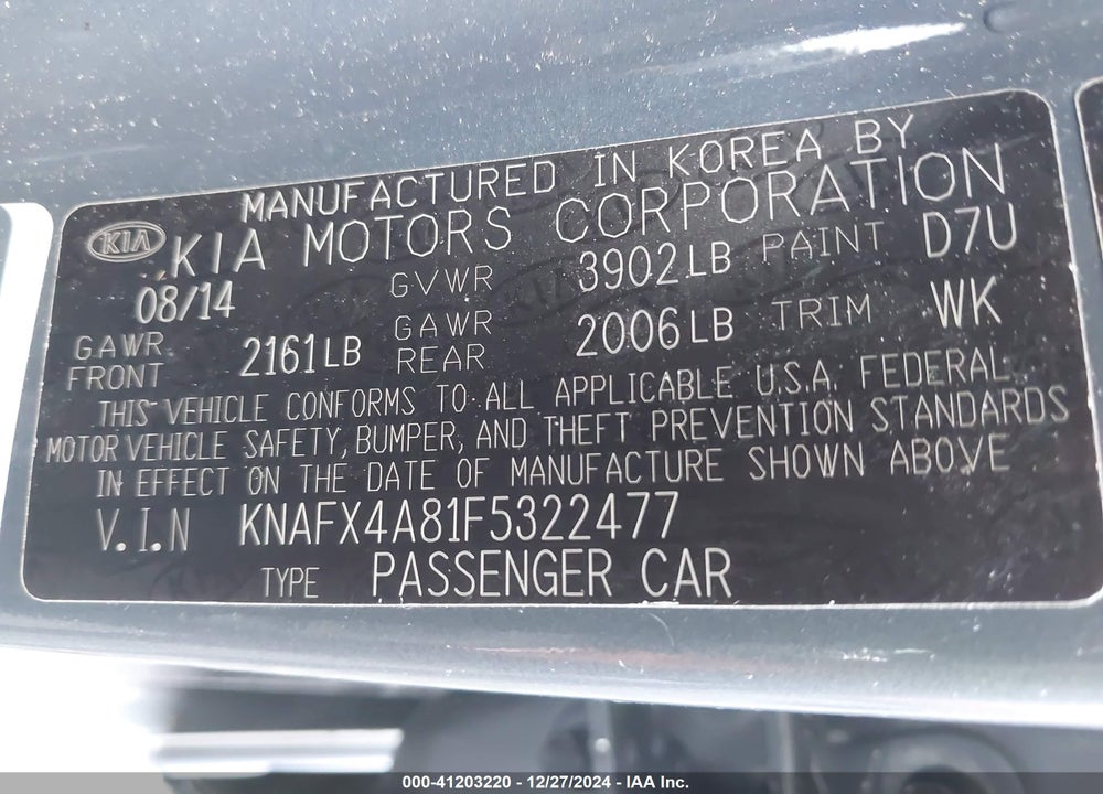 2015 KIA FORTE VIN: KNAFX4A81F5322477
