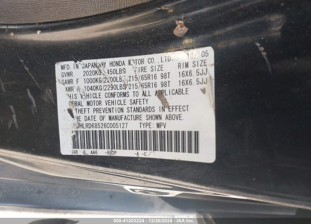 2006 HONDA CR-V LX VIN: JHLRD68526C005127