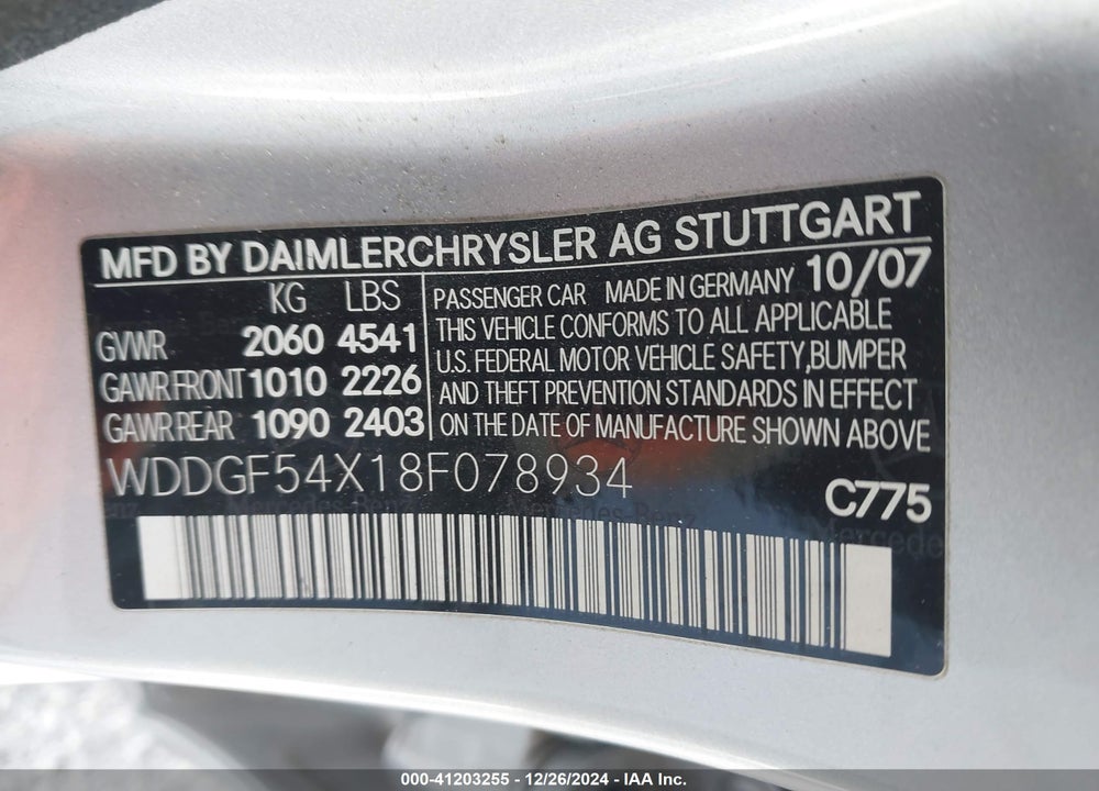 2008 MERCEDES-BENZ C 300 VIN: WDDGF54X18F078934