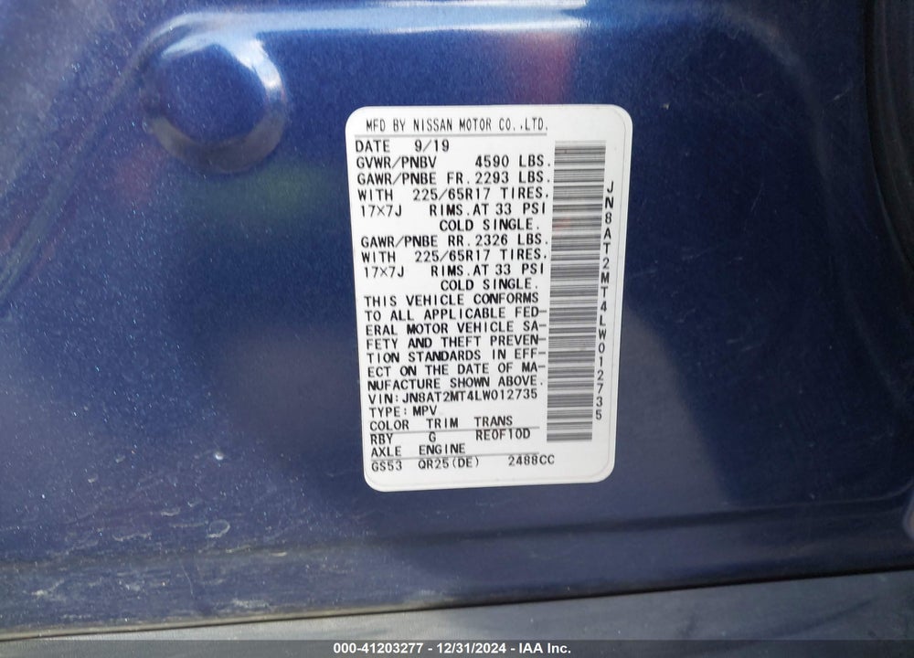 2020 NISSAN ROGUE SV FWD VIN: JN8AT2MT4LW012735