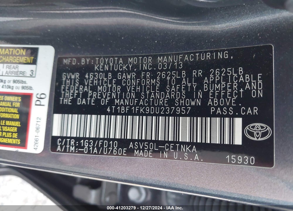 2013 TOYOTA CAMRY LE VIN: 4T1BF1FK9DU237957