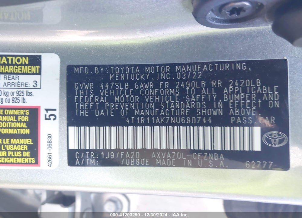 2022 TOYOTA CAMRY VIN: 4T1R11AK7NU680744