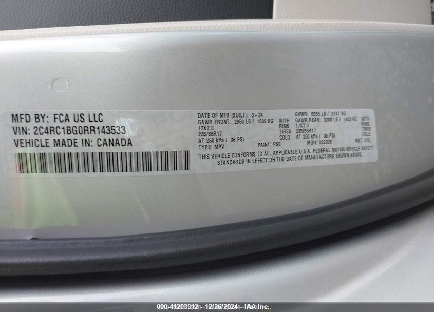 2024 CHRYSLER PACIFICA TOURING L VIN: 2C4RC1BG0RR143533