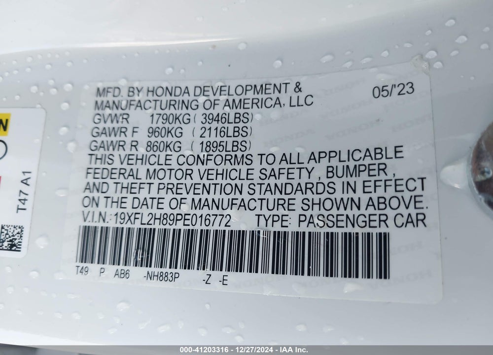 2023 HONDA CIVIC VIN: 19XFL2H89PE016772