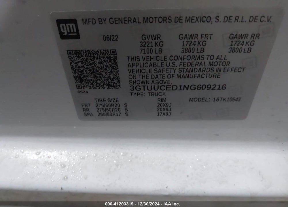2022 GMC SIERRA 1500 VIN: 3GTUUCED1NG609216