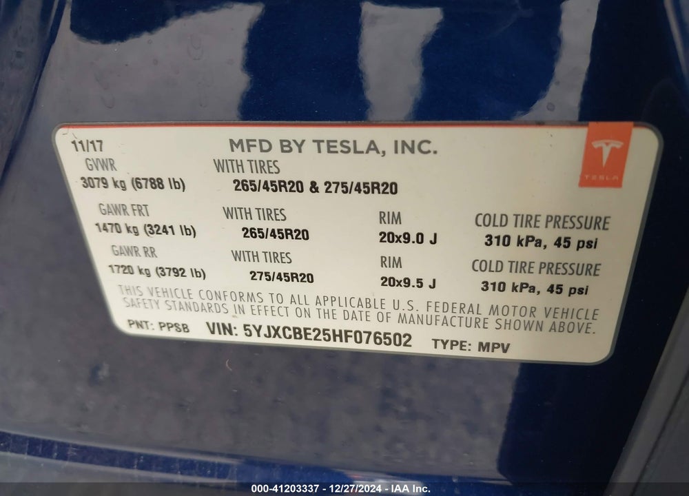 2017 TESLA MODEL X VIN: 5YJXCBE25HF076502
