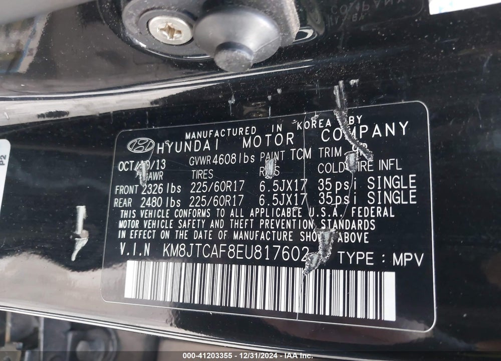 2014 HYUNDAI TUCSON GLS VIN: KM8JTCAF8EU817602