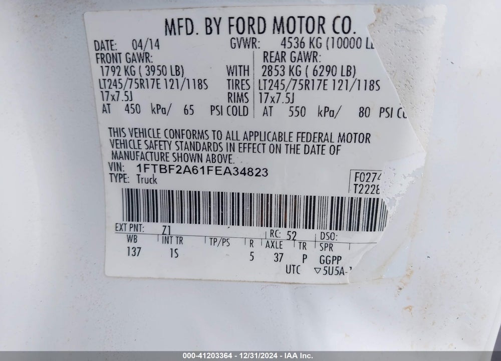 2015 FORD F-250 XL VIN: 1FTBF2A61FEA34823