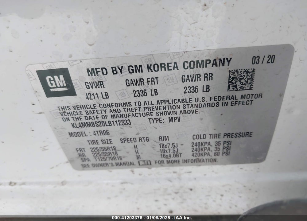 2020 BUICK ENCORE GX FWD PREFERRED VIN: KL4MMBS20LB112333