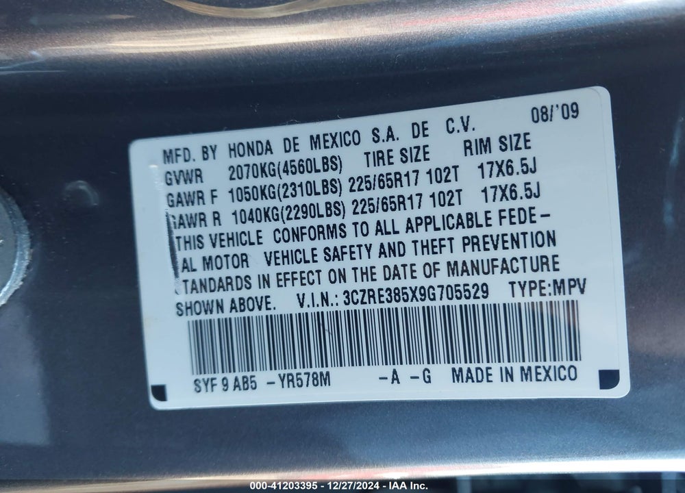 2009 HONDA CR-V EX VIN: 3CZRE385X9G705529