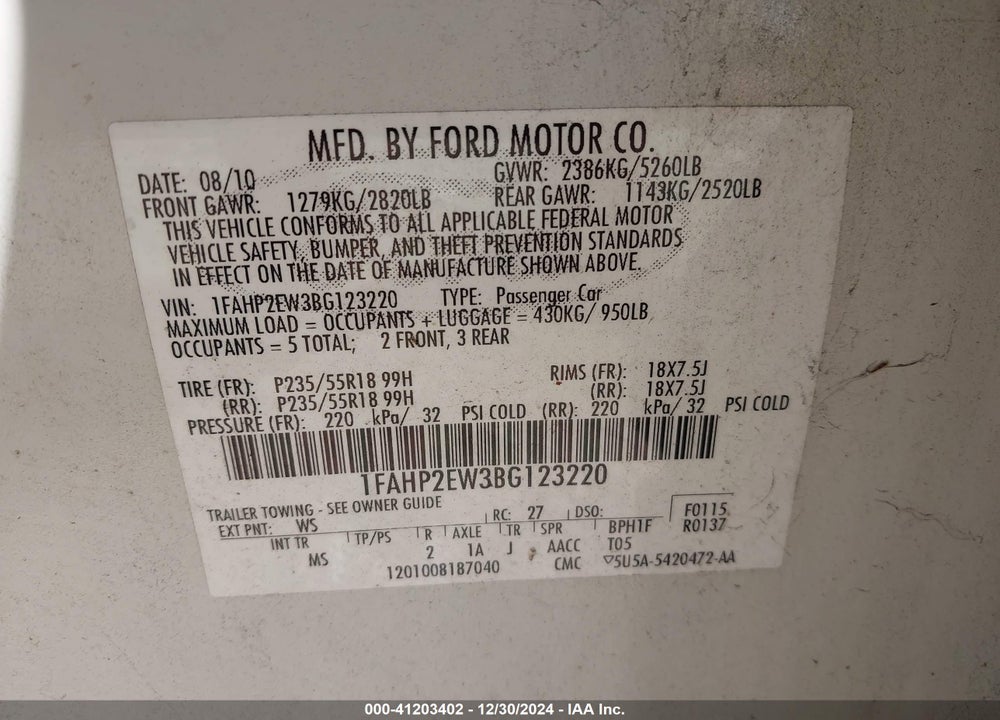 2011 FORD TAURUS SEL VIN: 1FAHP2EW3BG123220