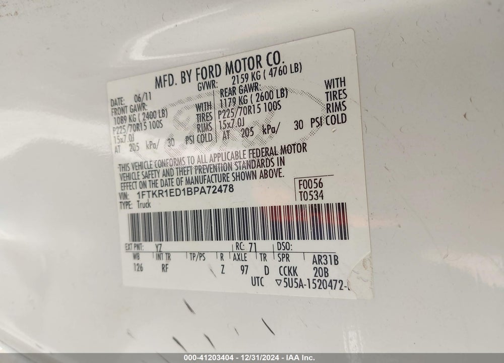 2011 FORD RANGER XLT VIN: 1FTKR1ED1BPA72478