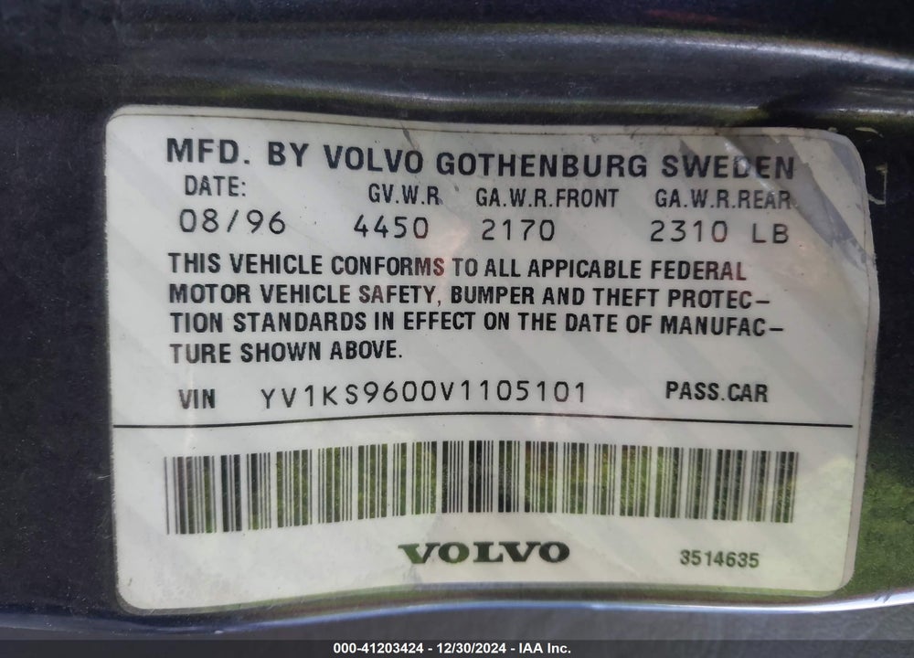 1997 VOLVO 960 VIN: YV1KS9600V1105101