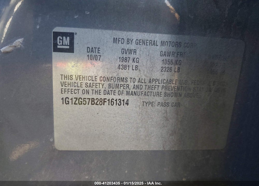 2008 CHEVROLET MALIBU LS VIN: 1G1ZG57B28F161314