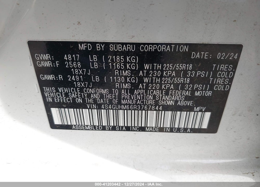 2024 SUBARU CROSSTREK LIMITED VIN: 4S4GUHM66R3767844