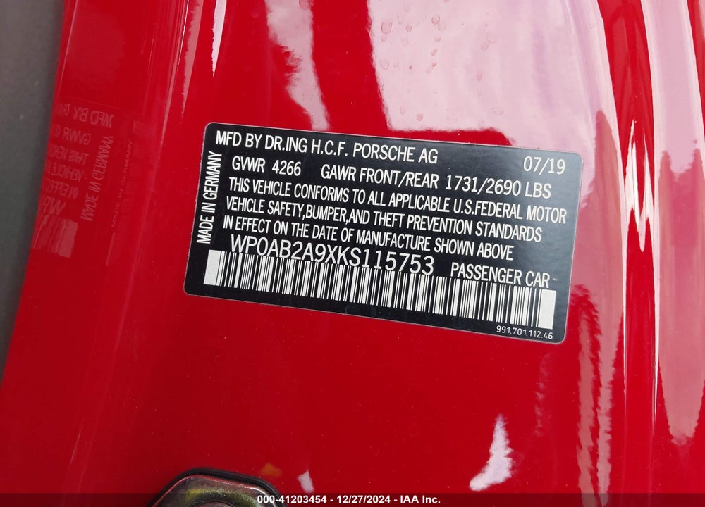 2019 PORSCHE 911 CARRERA GTS VIN: WP0AB2A9XKS115753