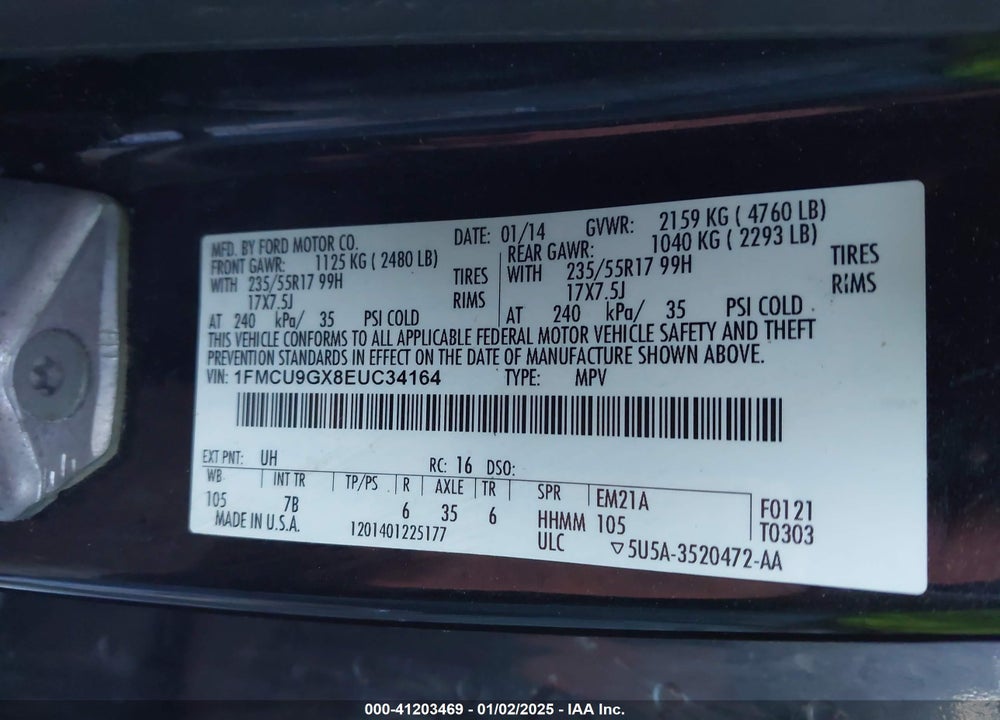 2014 FORD ESCAPE SE VIN: 1FMCU9GX8EUC34164