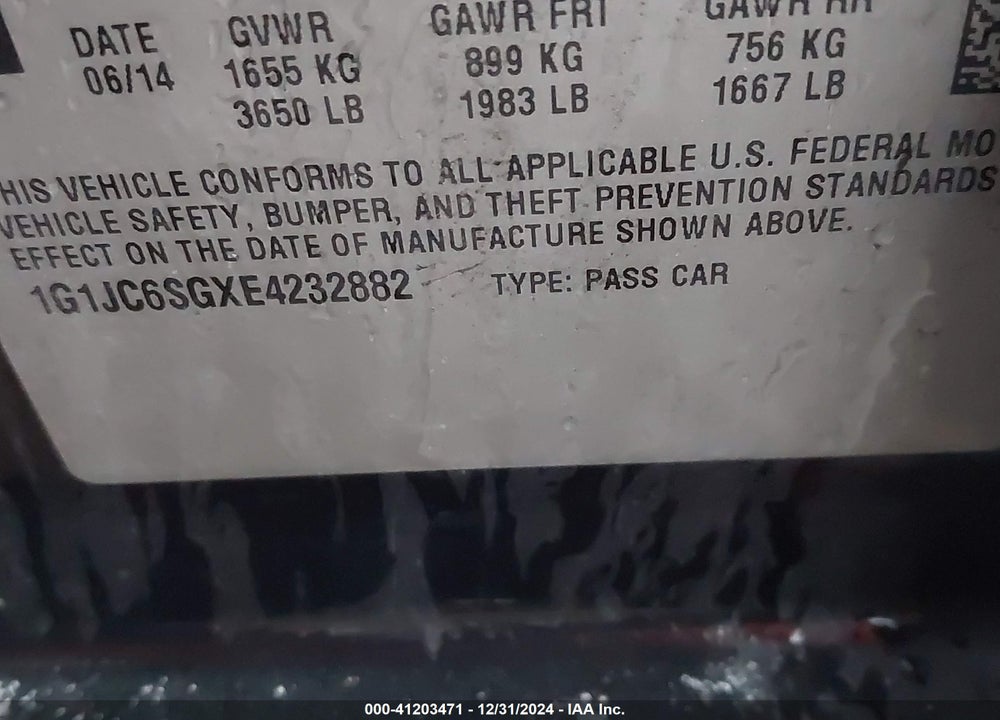 2014 CHEVROLET SONIC VIN: 1G1JC6SGXE4232882