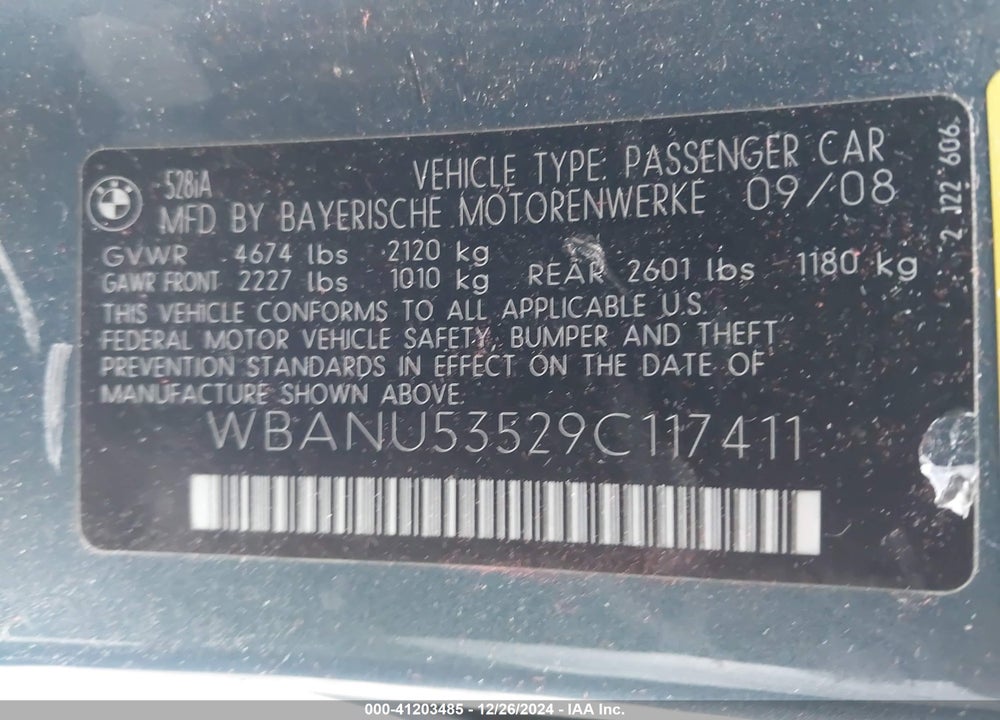 2009 BMW 528I VIN: WBANU53529C117411