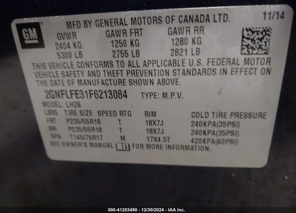 2015 CHEVROLET EQUINOX 1LT VIN: 2GNFLFE31F6213084